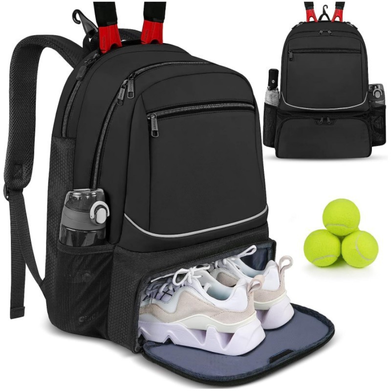 Badminton Bag - 大容量テニスバックパックスポーツラケットパックは1〜2本のテニスラケットを収納可能アウトドアバドミントンバッグシューズポケット付きブラックピンク