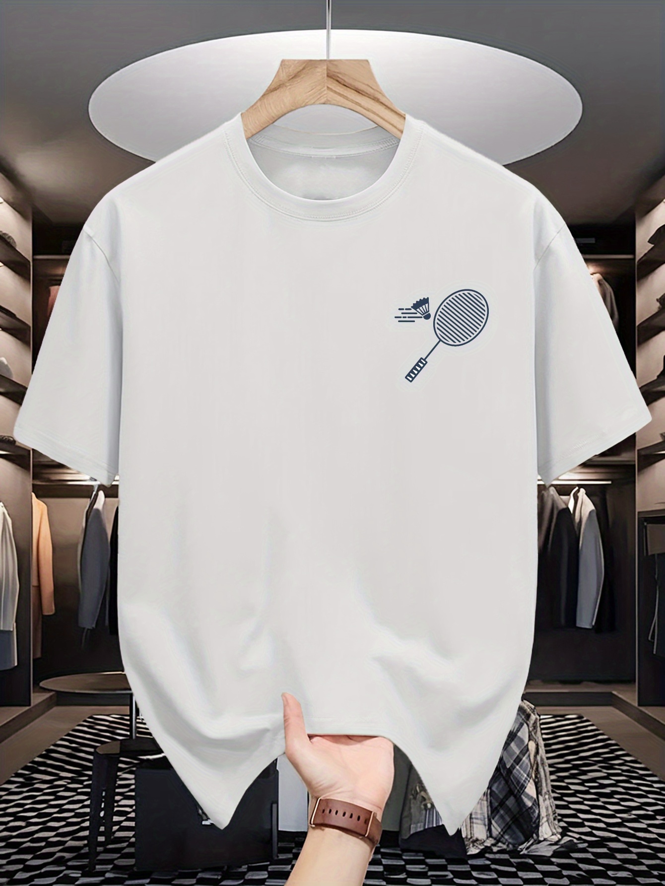 メンズクルーネックTシャツミニマルチェストバドミントンラケッ - Badminton Shuttlecock のレビューと価格